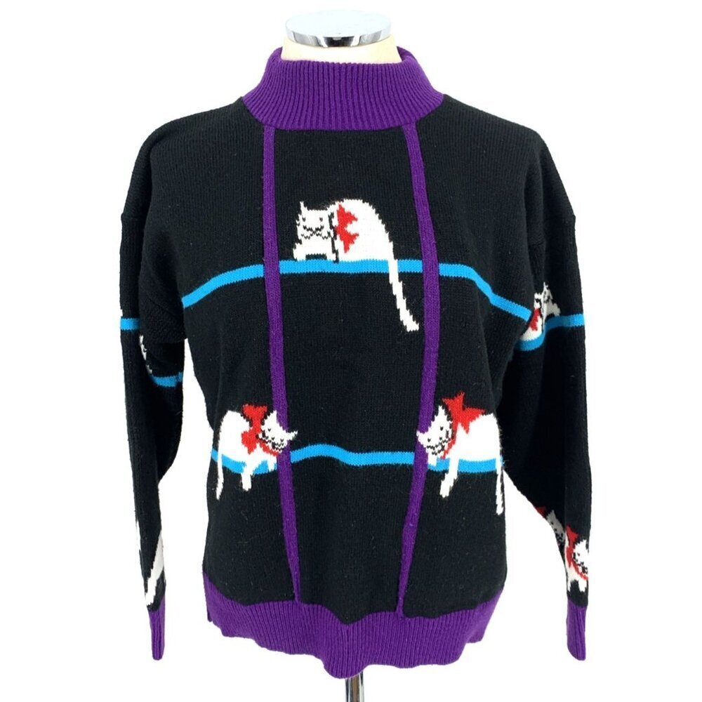 Spunky Women's Cat Sweater Sz L Vintage 90s Made In USA Acrylic Mock Turtleneck